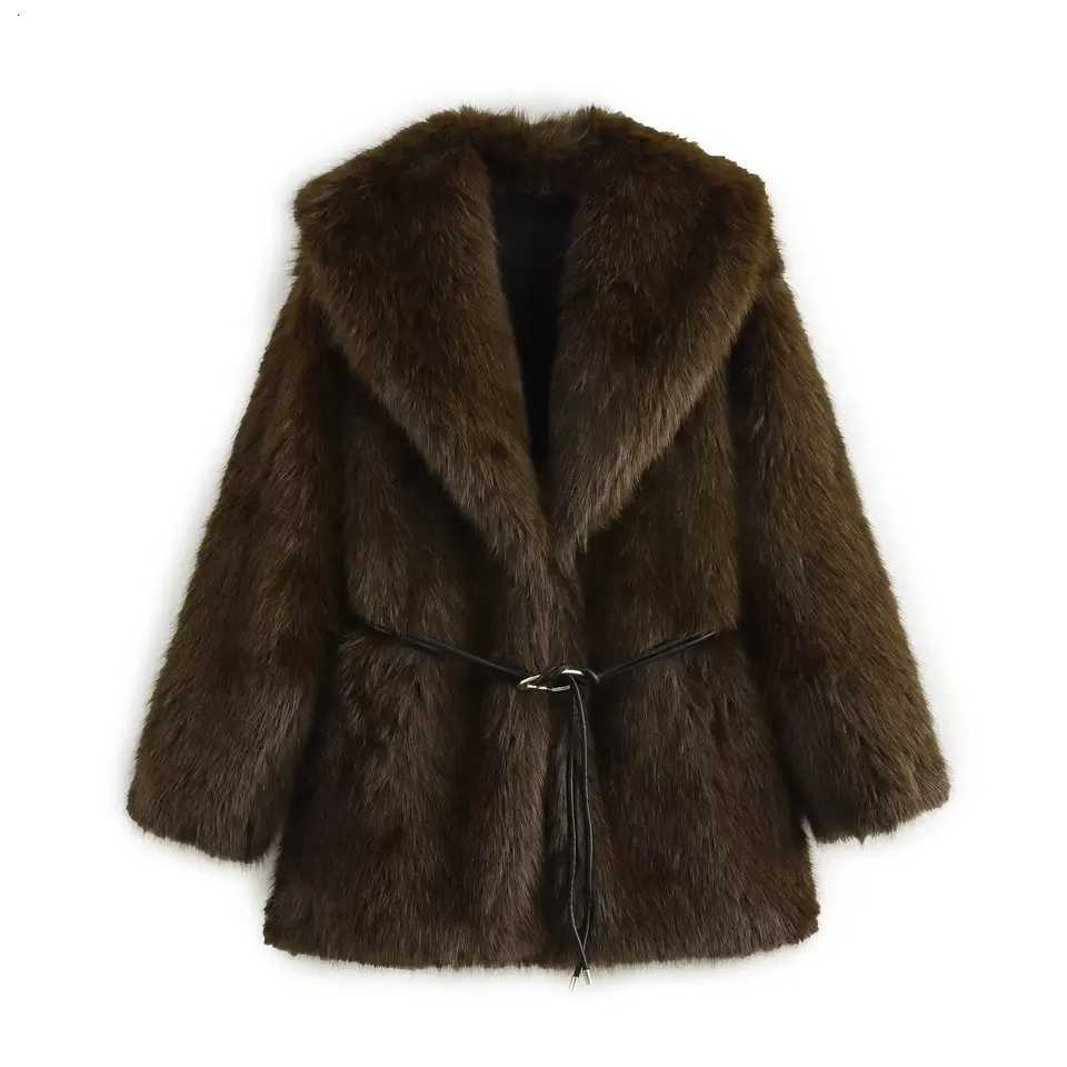 Womens With Belt Faux Fur Coat Female Long Sleeve Turn-Down Collar Elegant Fashion Autumn Winter New Furry Outerwear StreetwearT251201