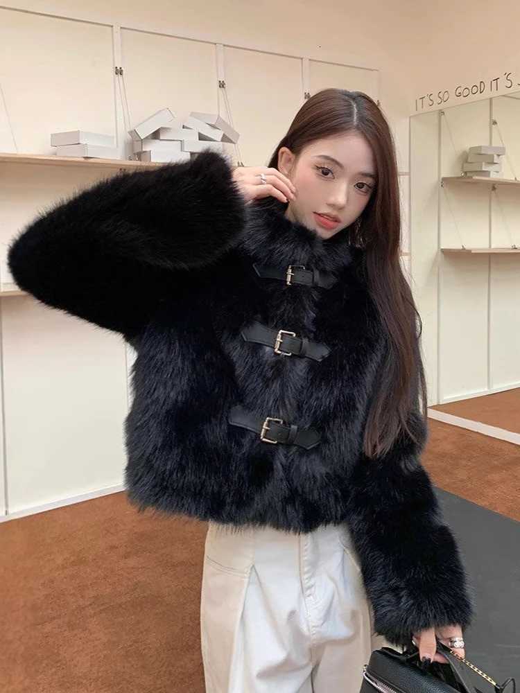 Korean Fashion Black Elegant Belt Button Fall Autumn Winter Warm Furry Coat Imitation Mink Velvet High Street OutwearT251201