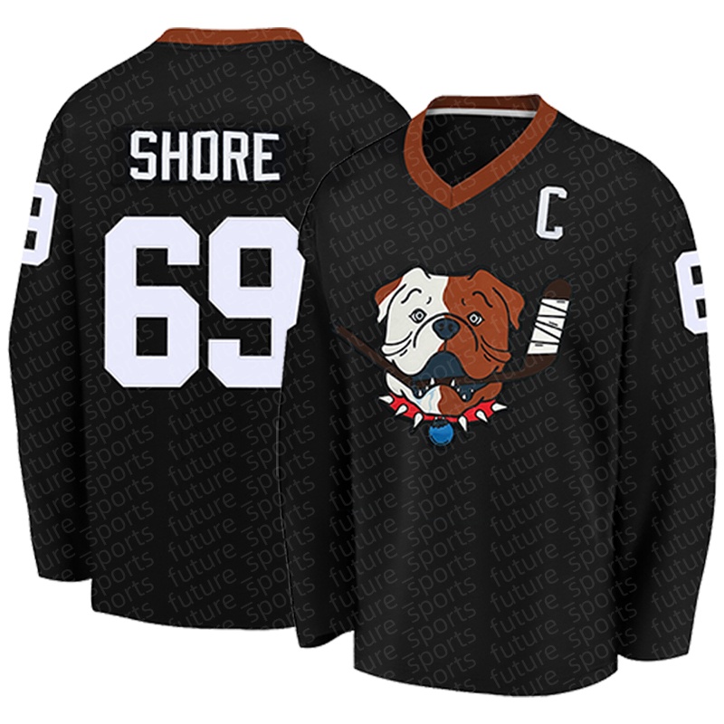 Men's 69 black SHORE ice hockey jersey, retro classic dog embroidery long sleeved ice hockey shirt, suitable for outdoor sports, vitality and leisure