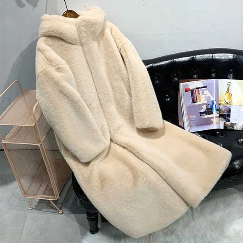 Faux Mink Fur Coats Women Long Solid Fur Jackets Pocket Hooded Long Sleeves Coverd Button Thick Loose Casual 2025 Autumn WinterT251201
