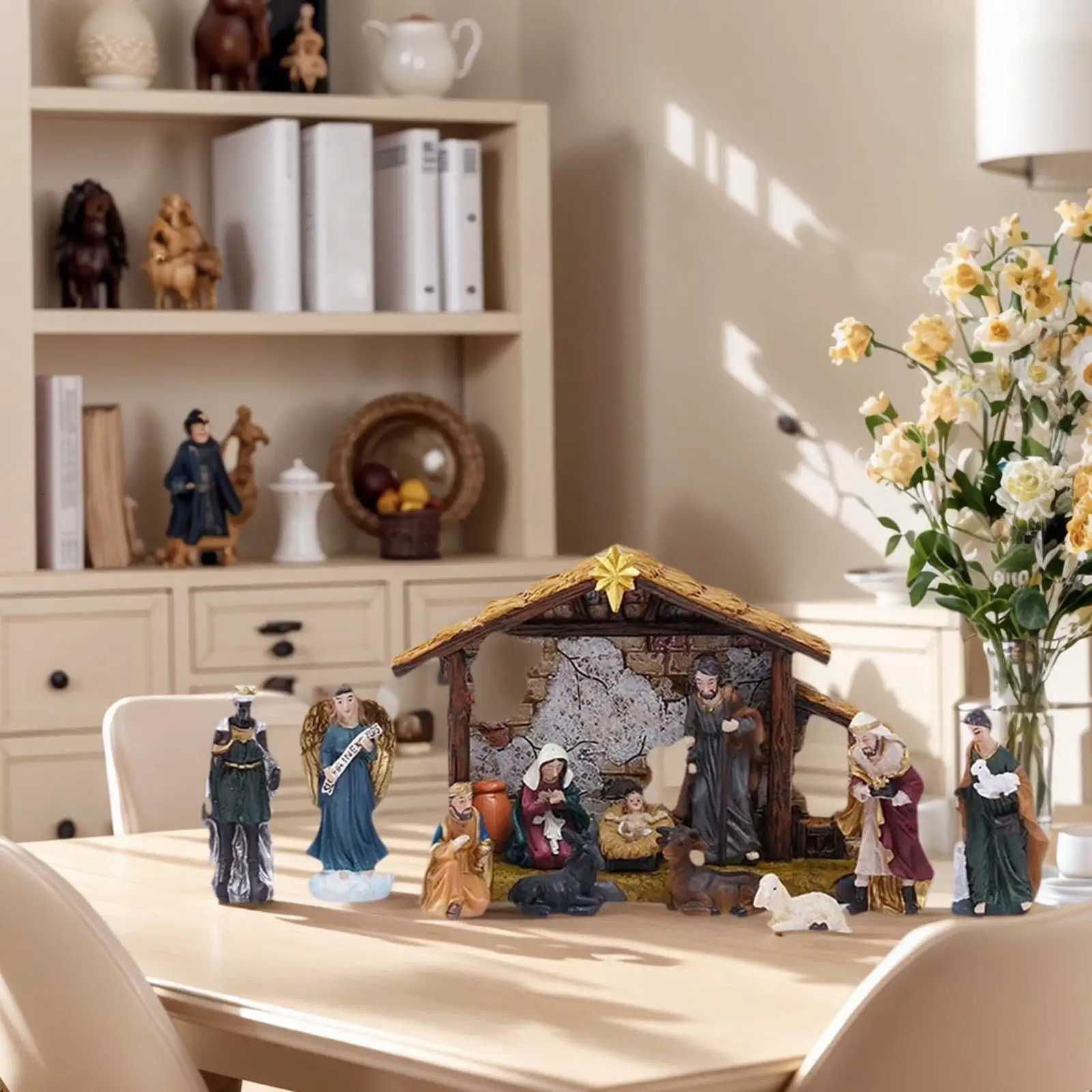 Nativity Set Christmas Manger Scene Decor 12 Pcs Resin Figurines Set with Stable for He Table Bookshelf Christmas Decorations H251129