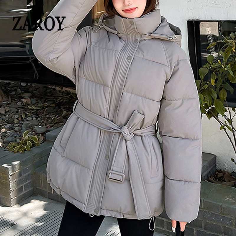 ZAROY Women Winter Hooded Coats Casual Sashes Cotton Parkas Solid Warm All-match Pocket Belted Jacket Outerwears T251201