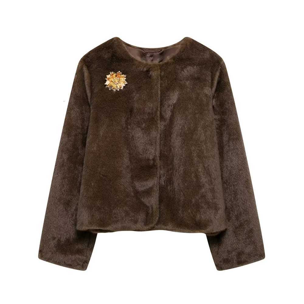 Womens New Product Brooch with Artificial Fur Effect Round Neck Long Sleeve Solid Color Warm Jacket CoatT251201