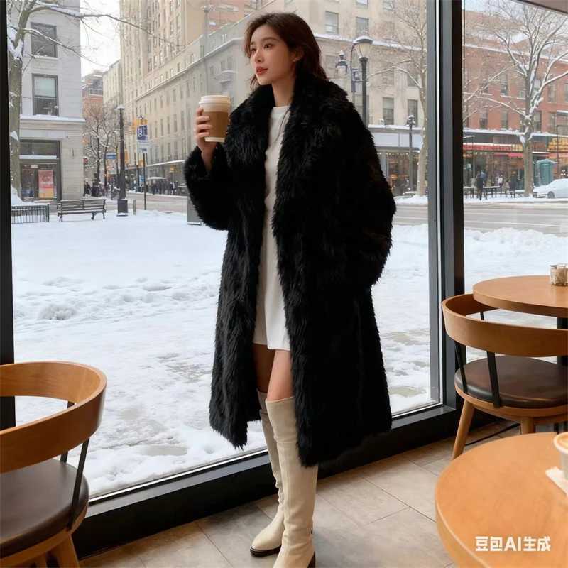 Womens Oversized Faux Fur Long Coat - Soft Fluffy Fabric Lapel Collar Trendy Grey/Black Styles Perfect for WinterT251201