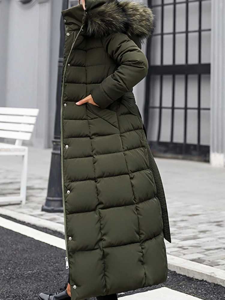 New Winter Womens Jacket Warm Fashion Comfortable Bow Belt Fox Fur Collar Clothes Long Dress Office Casual Womens Thick CoatT251201