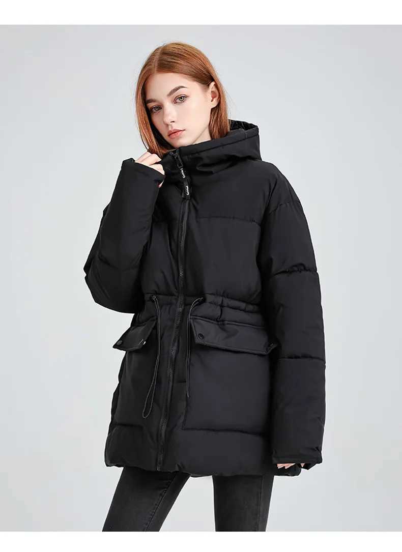 Women Drawstring Hooded Cotton Jacket Casual Fashion Stand Collar Zipper Pocket Warm Coat Lady Winter Commute Street OuterwearsT251201