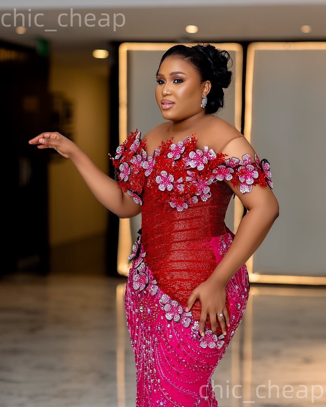 Aso Ebi Fuchsia Mermaid Prom Dresses 2026 Flowers Crystals With A Wrap Evening Formal Party Second Birthday Engagement Gowns Plus Size Dress For Speci