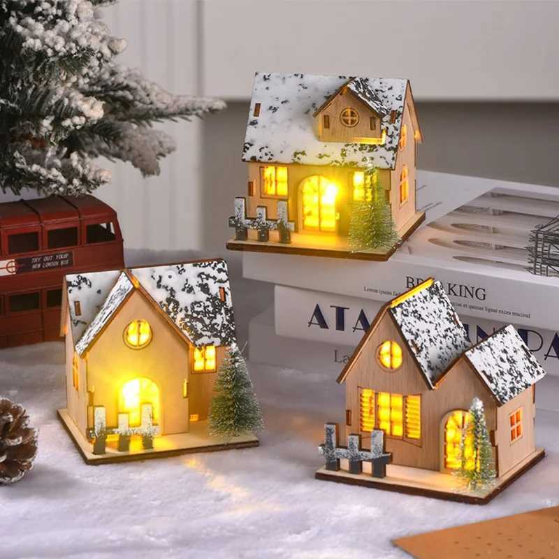LED Wooden Christmas House Village Unfinished Xmas Snow House DIY Wood Cht Tree Ornaments Christmas Table Centerpieces H251129