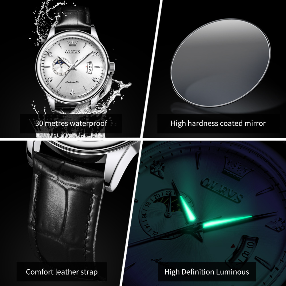 OLEVS Designer Luxury Outdoor Men's Watches Fully Automatic Mechanical Watches Sun Moon Star Glow Waterproof Business Watches Free Shipping Whole