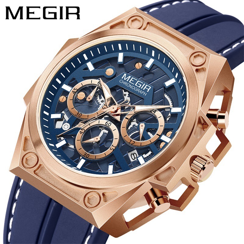 MEGIR Designer Men's Watch Fashion Stainless Steel Night Light Chronograph Skeleton Sports Quartz Watch Silicone Strap 4220 Luxury Business Wrist