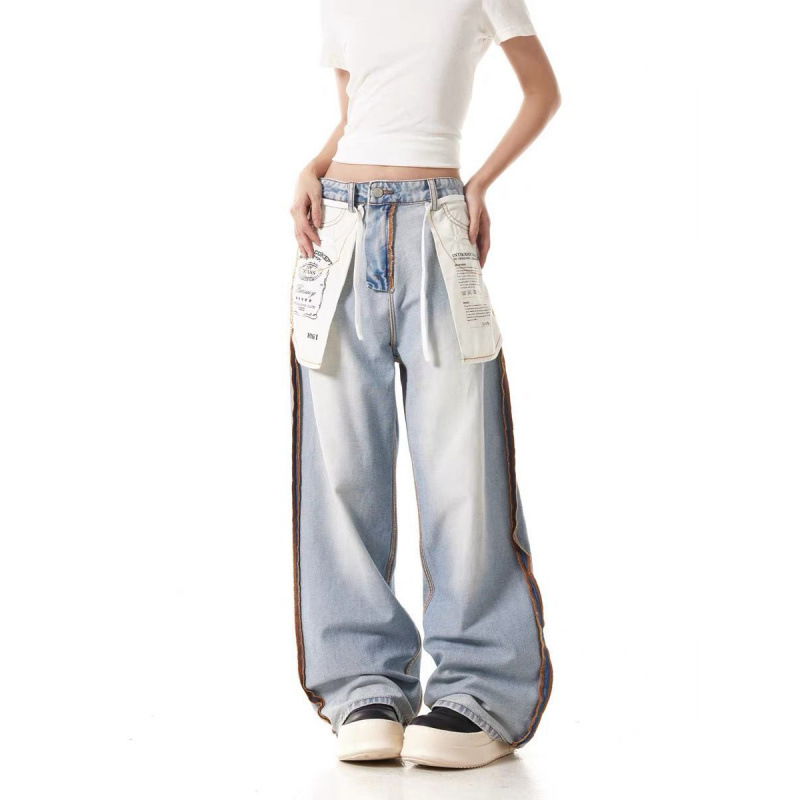 American retro flip-top design style jeans for women, loose, wide-leg, casual, straight and trendy