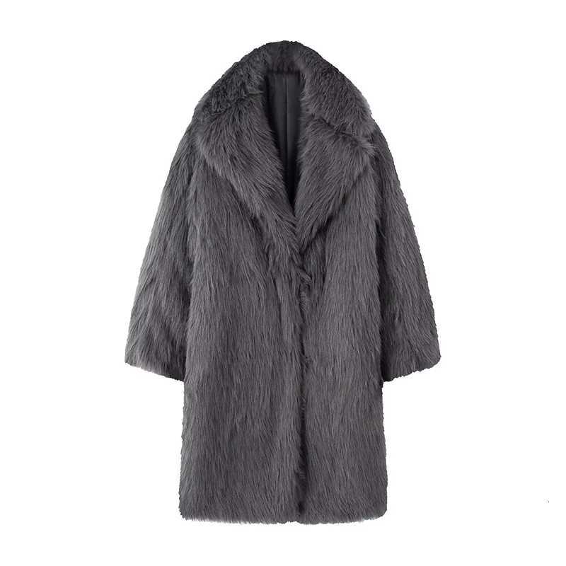 Womens Oversized Faux Fur Long Coat - Soft Fluffy Fabric Lapel Collar Trendy Grey/Black Styles Perfect for WinterT251201