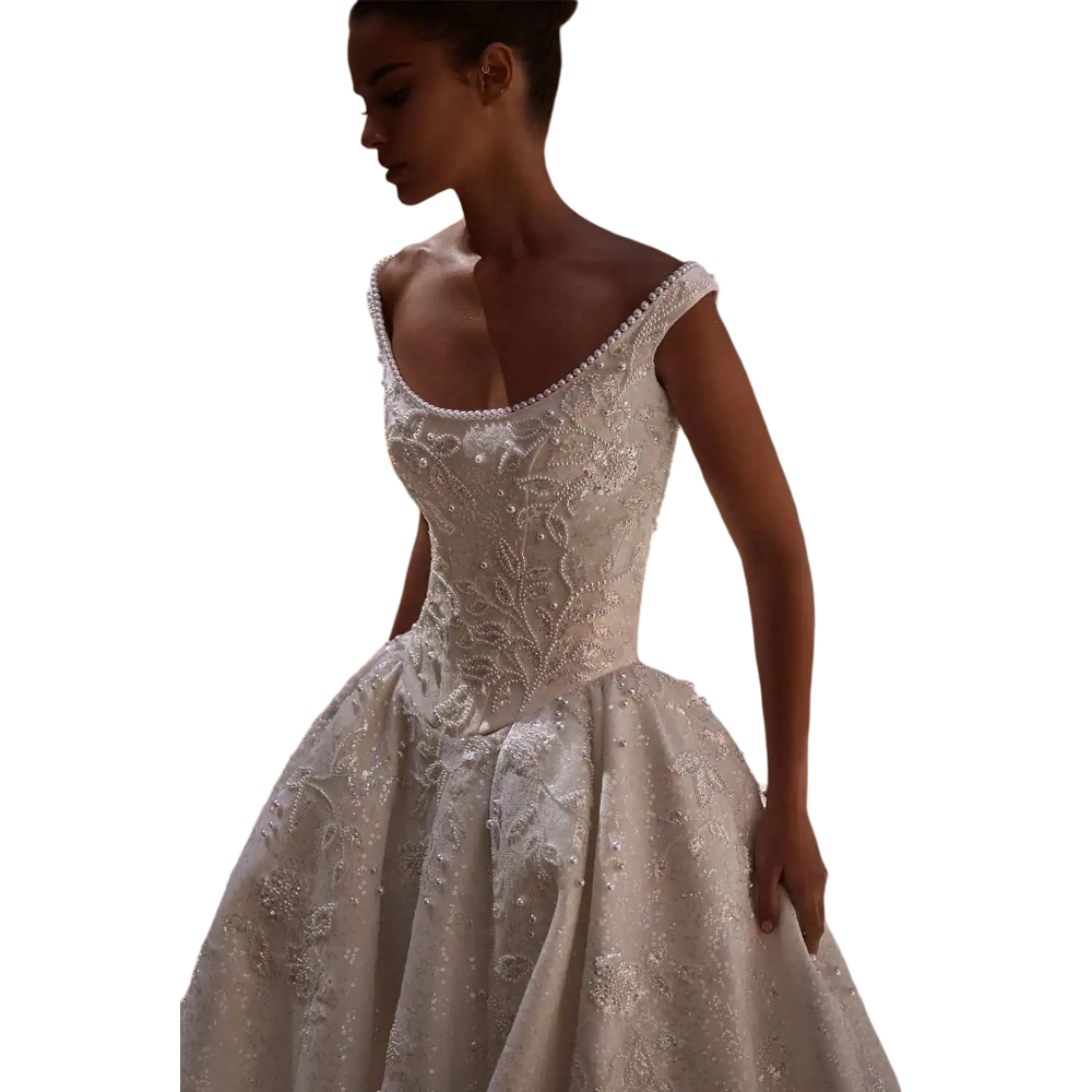 Elegant Wedding Dresses Pearls Bridal A Line Gowns Appliques Sequins Sleeveless Princess Backless Sweep Train Customized Vestidos De Novia Plus Size