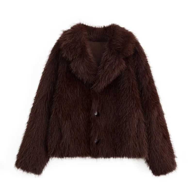 Womens Jacket 2025 Autumn New Style Brown Long-Sleeve Faux Fur Reversible Warm Coat Elegant and StylishT251201