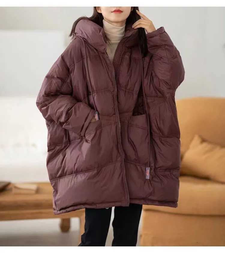 2025 New Winter Women 90 White Duck Down Jacket Casual Loose Over Size Warm Parka Female Drawstring Hooded Puffer CoatT251201