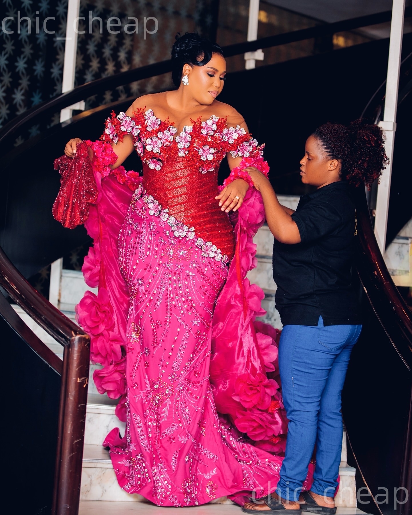 Aso Ebi Fuchsia Mermaid Prom Dresses 2026 Flowers Crystals With A Wrap Evening Formal Party Second Birthday Engagement Gowns Plus Size Dress For Speci