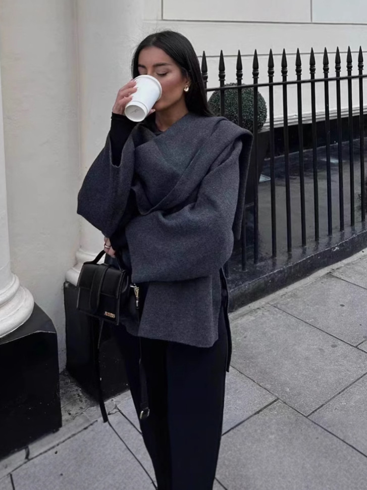 2024 Style Womens Autumn New Asymmetric Scarf Short Loose Knitted Coat Long Sleeve 241114