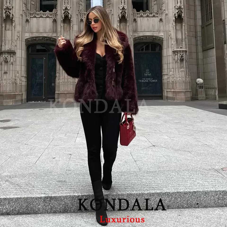 KONDALA Vintage Casual Chic Women Faxur Fur Jackets Solid Long Sleeve Single Breasted Coats New Fashion 2025 Autumn OutwearsT251201