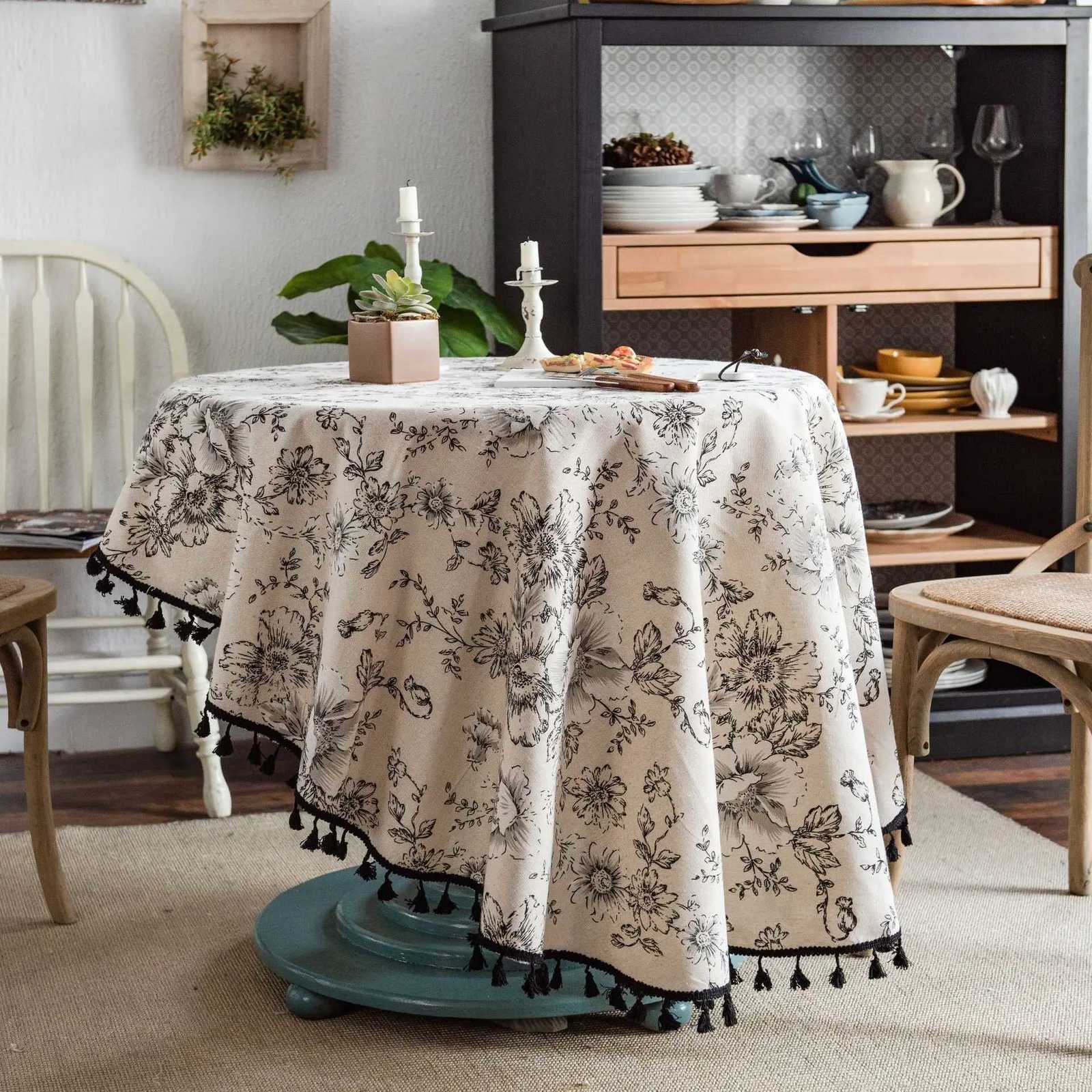Floral Round Tablecloth Cotton Linen Table Cloth with Tassels for Restaurant Picnic Indoor and Table Cover Home Decoration Y251201