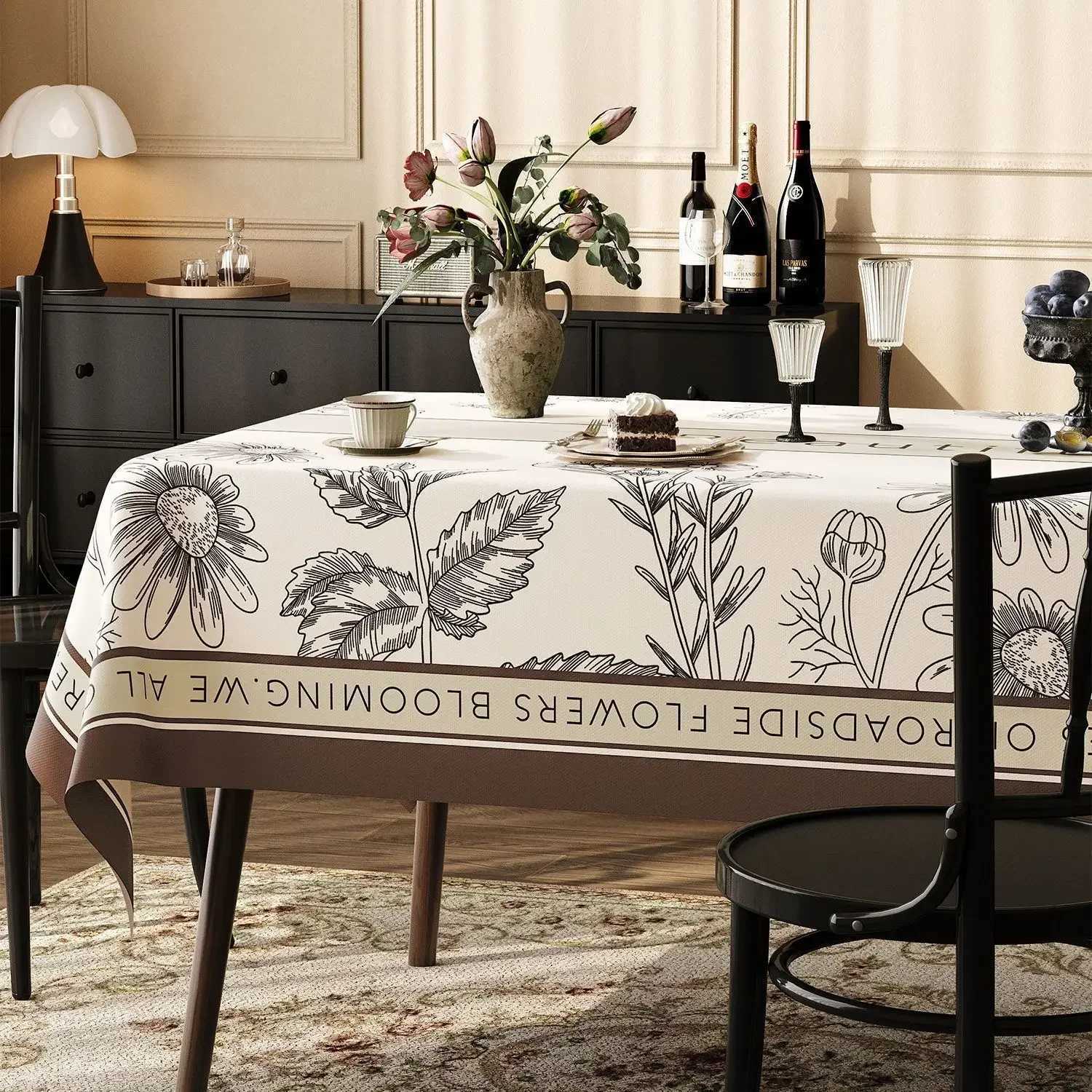 French Black Plant Pattern Tablecloths Green Minimst Lint Decor Dust Cover Premium Rectangular Coffee Table Tablecloth Y251201