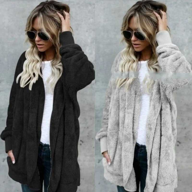 Women Autumn Winter Double-faced Fur Fleece Faux Fur Medium Style Hooded Warm Thick Coat Casual Solid Long-sleeved Fur OvercoatT251201