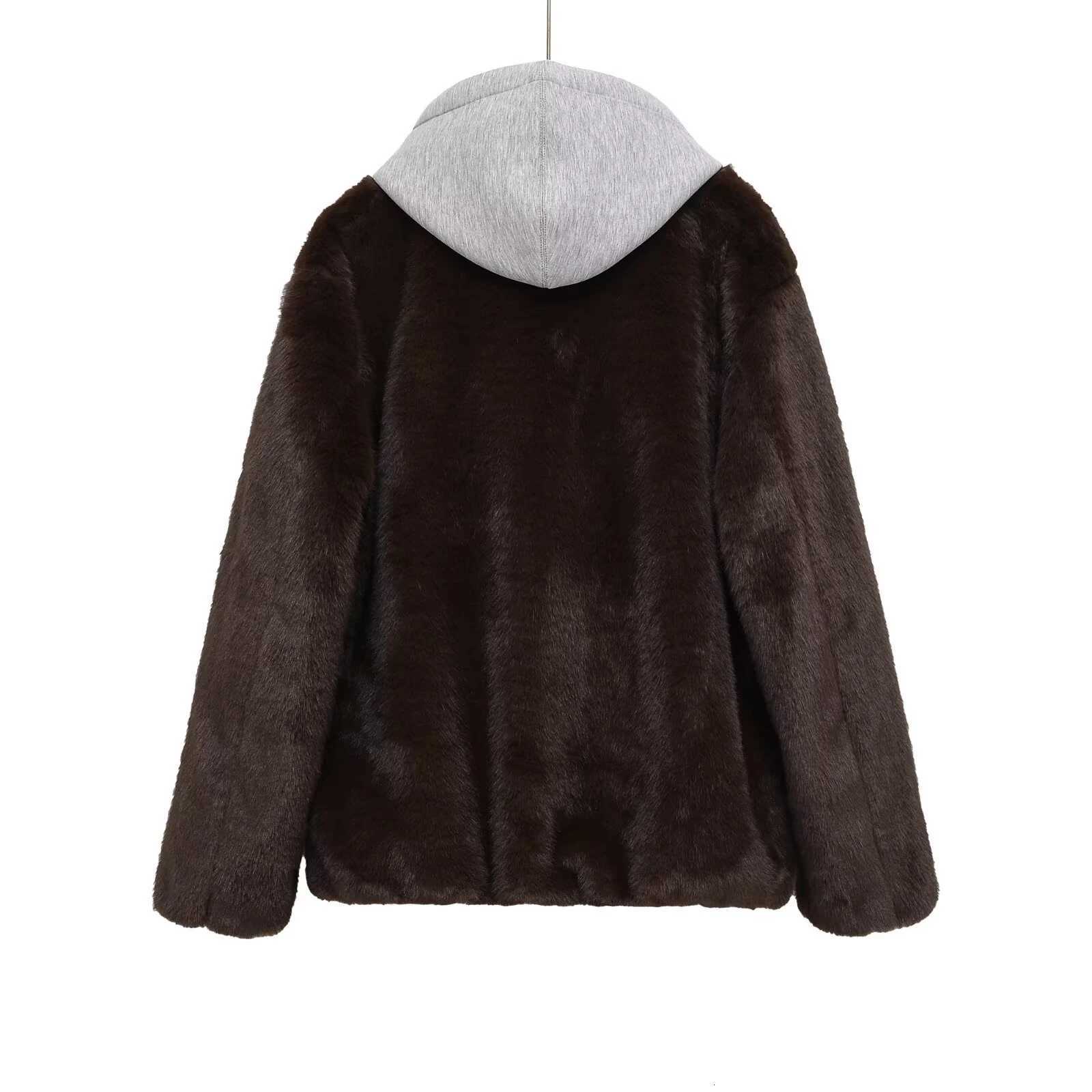 2025 Winter New Fashionable Sweet Loose Splicing Artificial Fur Zipper Hooded Jacket for WomenT251201