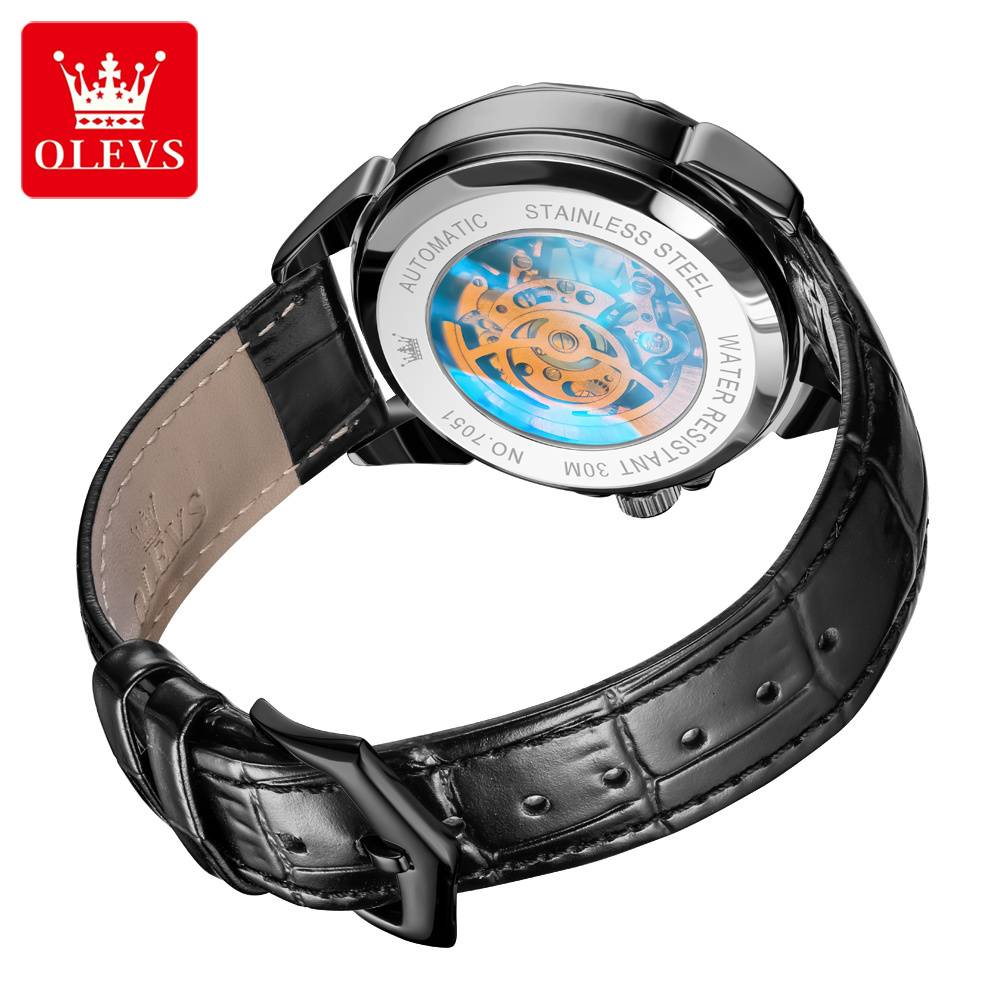 OLEVS Designer Luxury Men's New Business Watch Fashion Leather Strap Hollow Out Mechanical Luminous Waterproof Outdoor Sports Watch Free Shipping