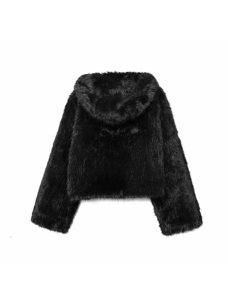 Women 2025 Winter New Hooded Short Faux Fur Jacket O Neck Womens Furry Jacket Long Sleeves Plush Coat Stylish Streetwear TopT251201