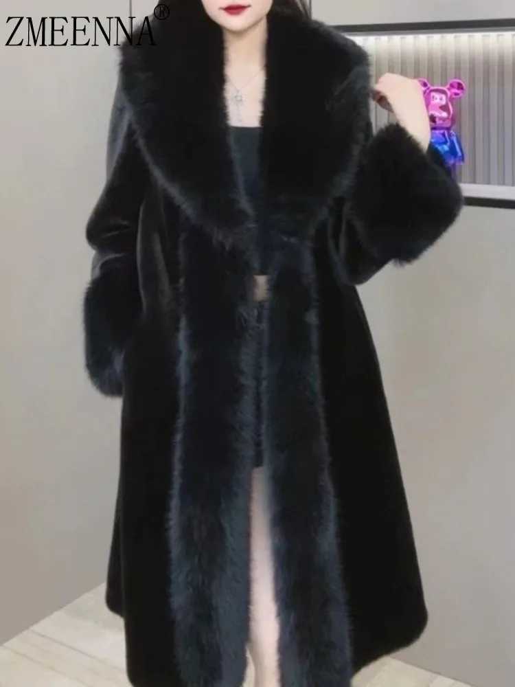 ZMEENNA Womens Long Faux Fur Coat Oversized Collar Trim Cuff Warm Winter Outerwear Elegant Full Sleeve Jacket Black ZM4466T251201