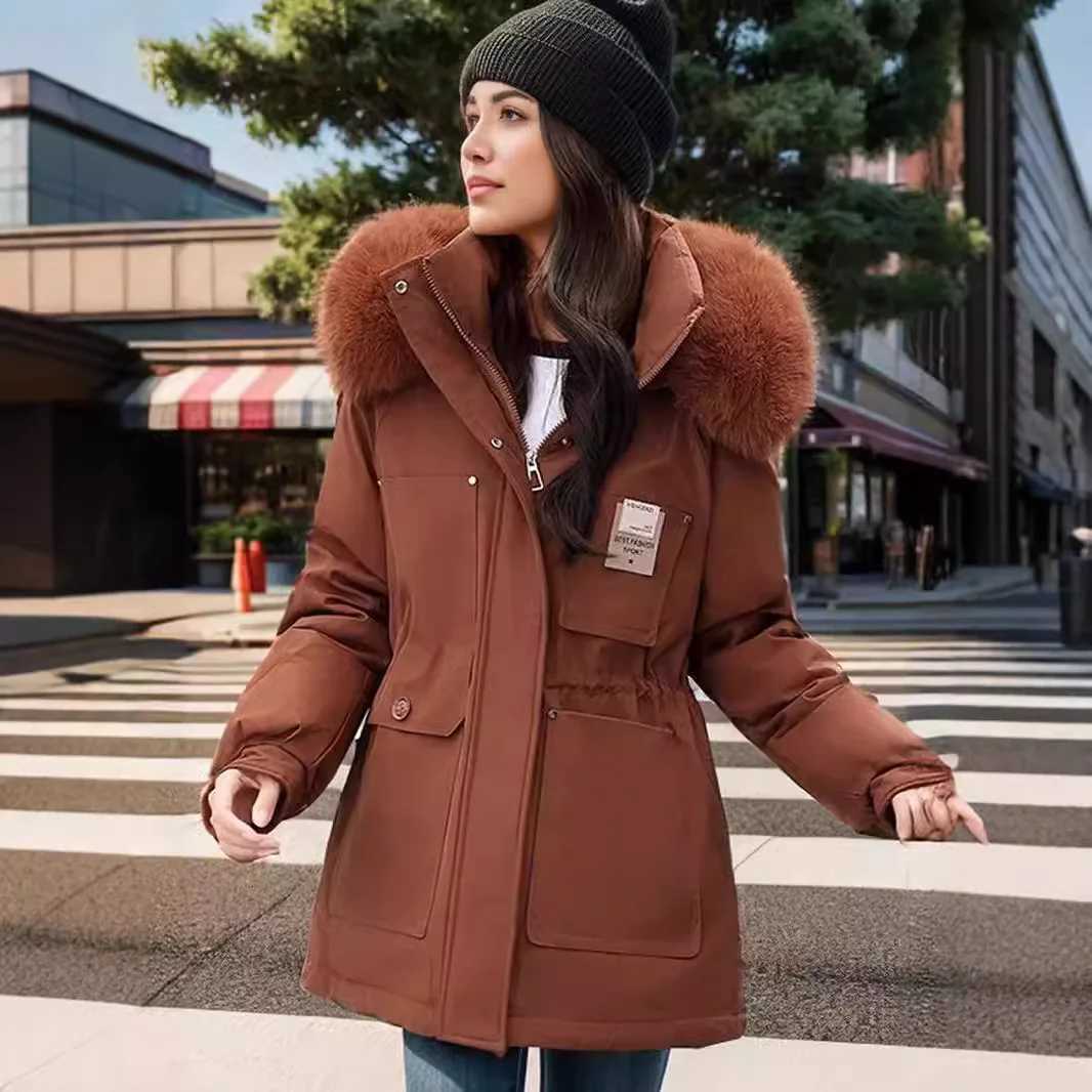 2025 Winter Womens Padded Jacket Female Waist Cinching Slimming Hooded Big Fur Collar With Plush Cotton Jacket Womens ClothingT251201