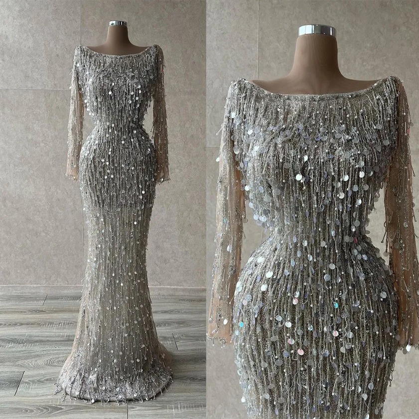 Luxury Mermaid Formal Prom Dresses With Jewel Long-sleeves Evening Dress Chic Tiered Party Gowns Custom Made Sequined race Robe de mariee D01