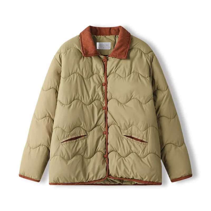 Womens Winter Jacket 2025 Winter Female Lapel Contrast Cotton Jacket Womens Single Breasted Casual Loose Thicken Warm ParkasT251201