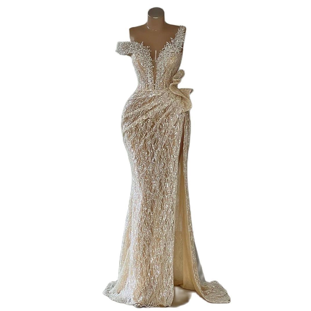 Elegant Champagne Mermaid Prom Sleeveless V Neck Beaded Appliques Sequins Floor Length Side Slit Lace Evening Formal Dresses Plus Size Custom Made F12