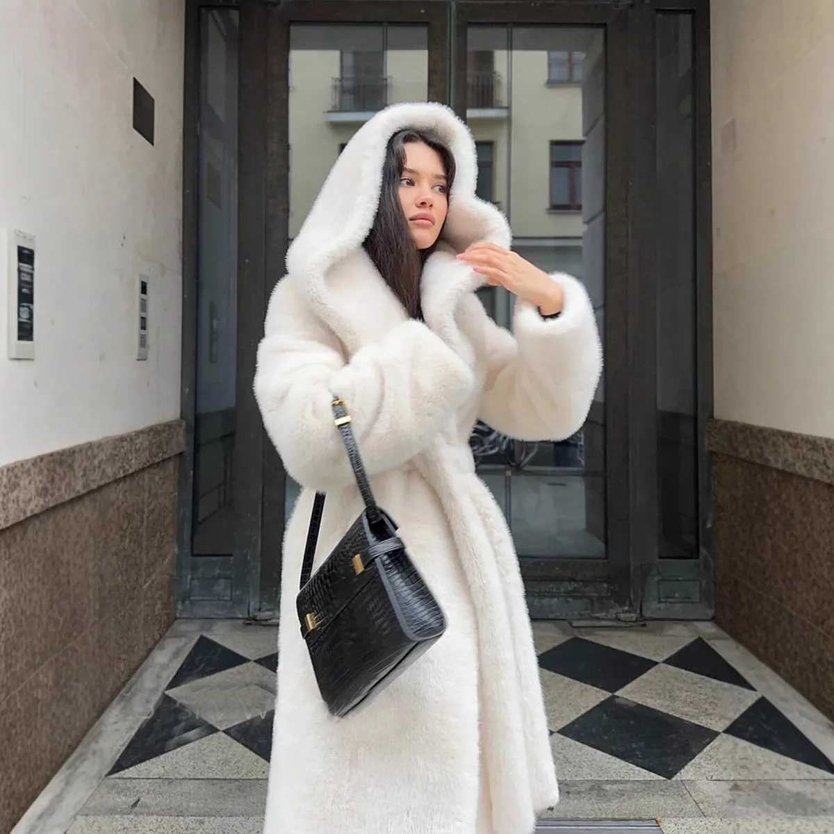 Belted Winter Women Artificial Fur Jacket Thick Cinched Waist Fur Trim Hooded Female Eco Fur Coat Long Warm Lady Faux Fur CoatT251201
