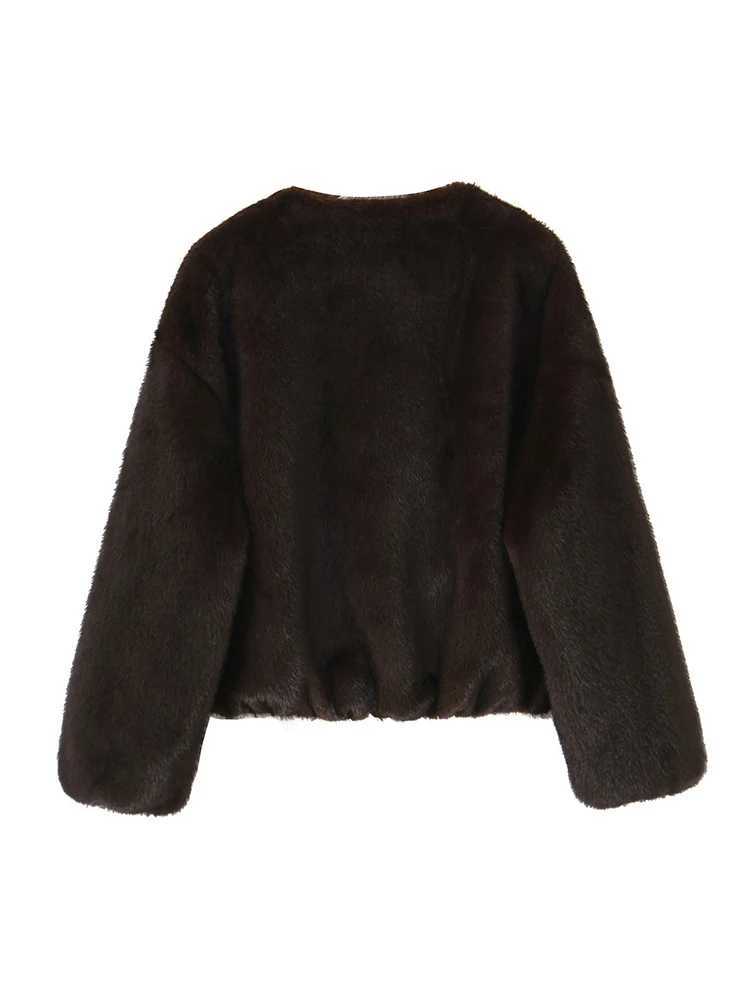 TFMLN Women O-neck Faux Fur Bomber Jacket 2025 New Vintage Solid Long Sleeve Outerwears Warm Winter Coats Woman Casual JacketT251201