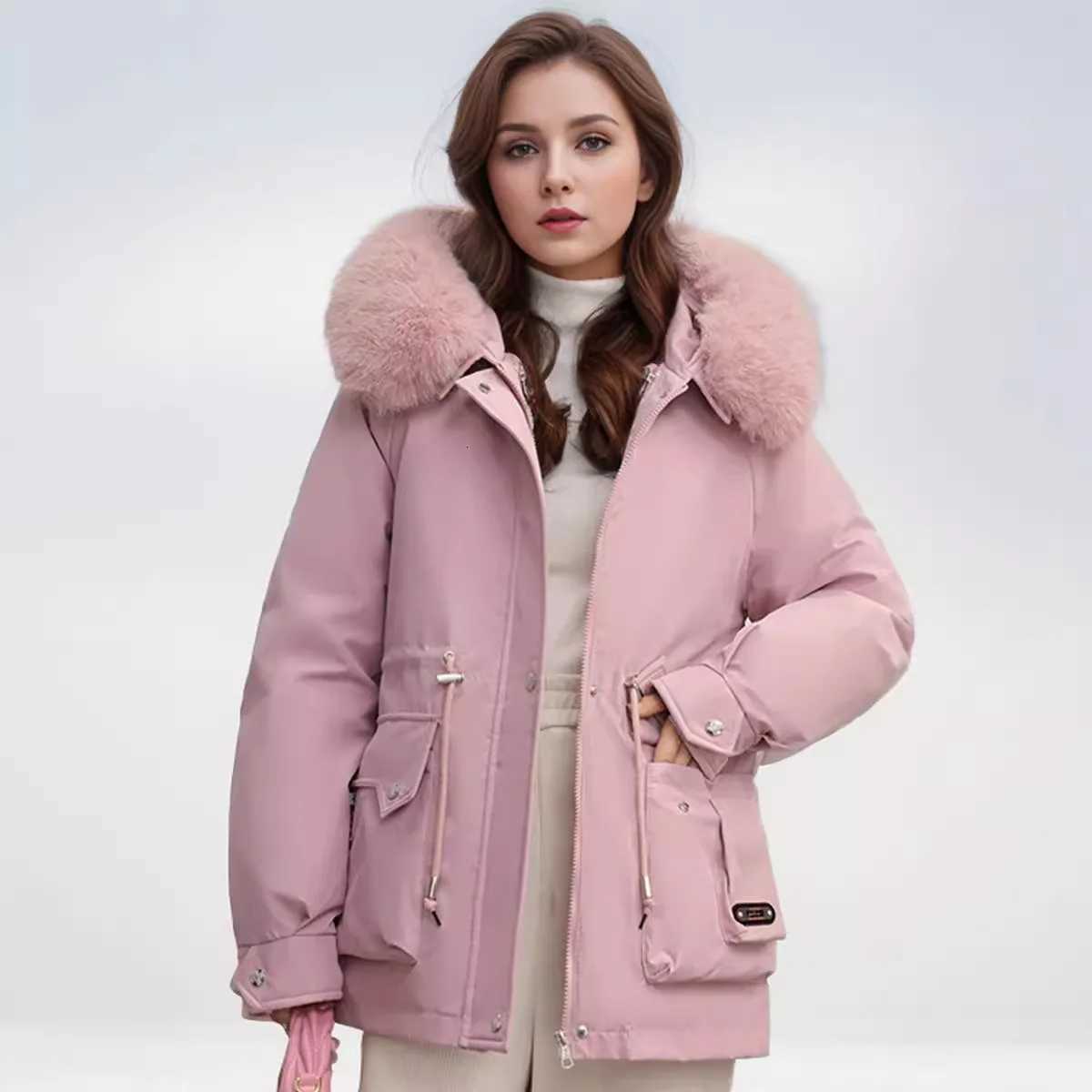 2025 Winter Womens Jacket Fur Collar Thicken Warm Casual Cotton Jacket Female 2 Pocket Drawstring Waist Cinching Parka JacketT251201