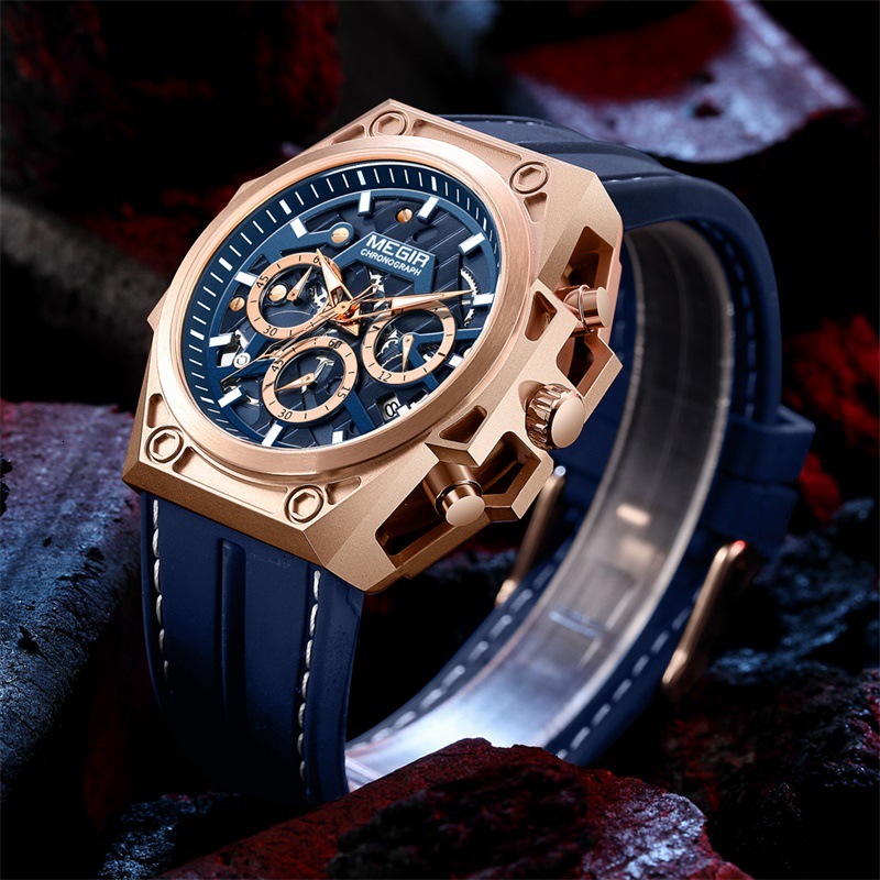 MEGIR Designer Men's Watch Fashion Stainless Steel Night Light Chronograph Skeleton Sports Quartz Watch Silicone Strap 4220 Luxury Business Wrist