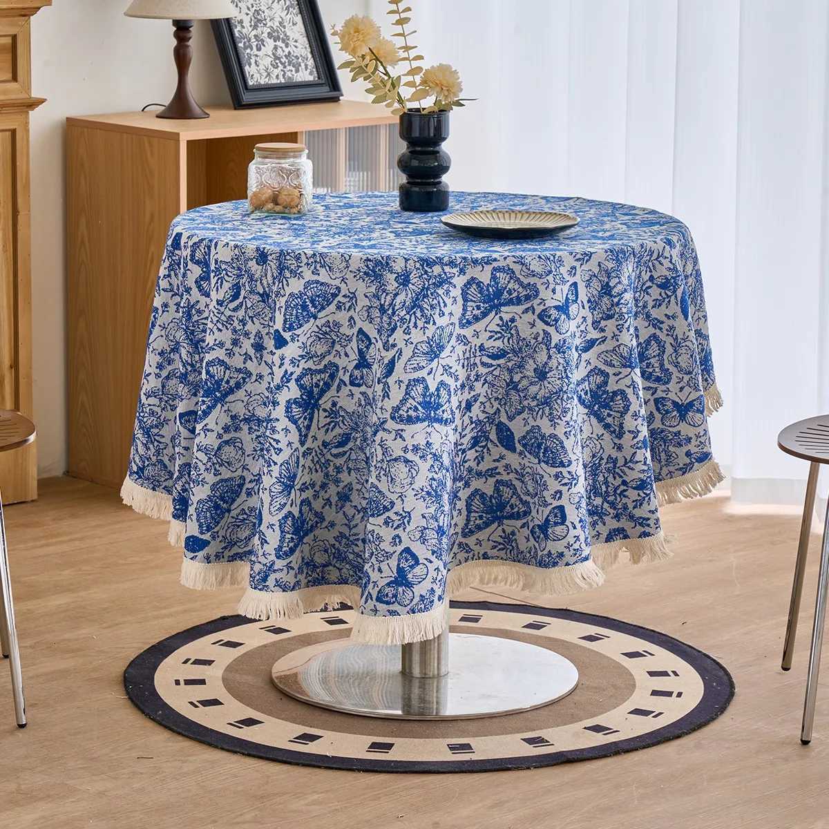 1pc Vintage Oil Painting Floral Round Tassel Jacquard Tablecloth with Tassel Edge Design Suitable for Side Cabinet Y251201