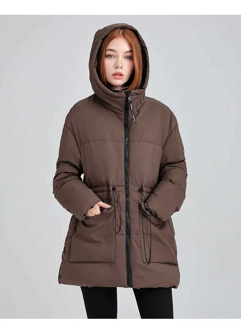 Women Drawstring Hooded Cotton Jacket Casual Fashion Stand Collar Zipper Pocket Warm Coat Lady Winter Commute Street OuterwearsT251201