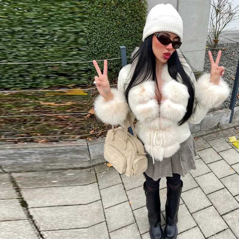 Elegant Faux Fur Patchwork Sweater Coat Women Lapel Furry Collar Slim Fit Knitted Lace-Up Cardigan 2025 New Autumn Lady CoatsT251201