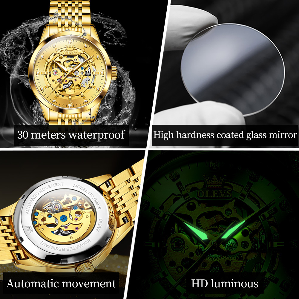 OLEVS Designer Luxury Mechanical Watch Diamond-encrusted Skeleton Large Gold Outdoor Business Luminous Waterproof Men's Watch Free Shipping Whole