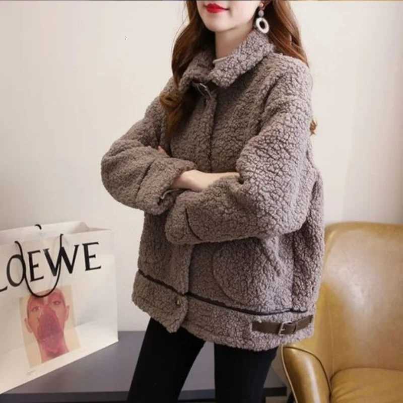 Women Autumn Winter Lamb Wool Faux Fur Thick Plush Warm Cardigan Coat Female Oversized Long Sleeve Turn-down Collar OuterwearT251201