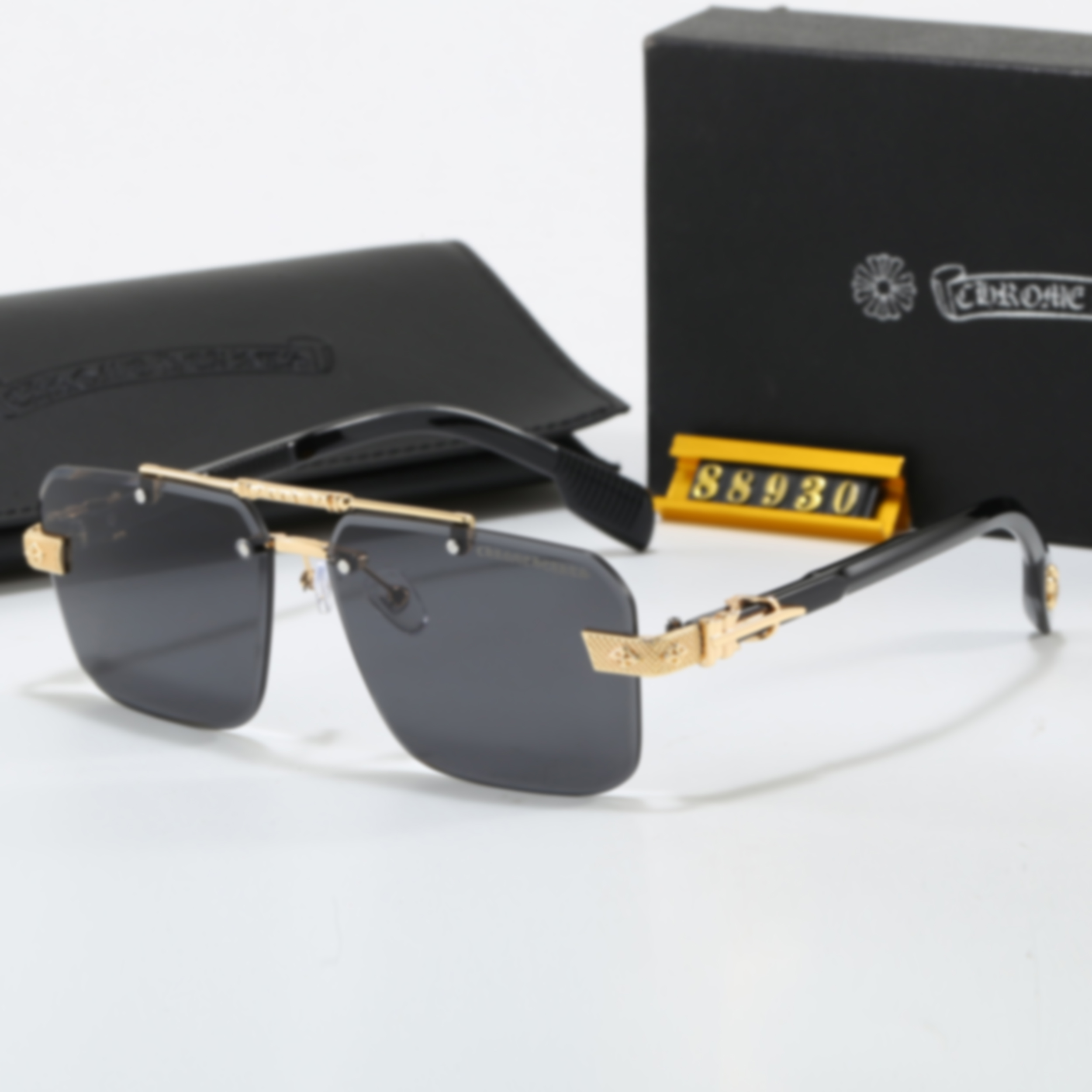 chrome glasses men's frameless design flat gloss lenses women's double beam sunglasses driving driving UV protection sunglasses