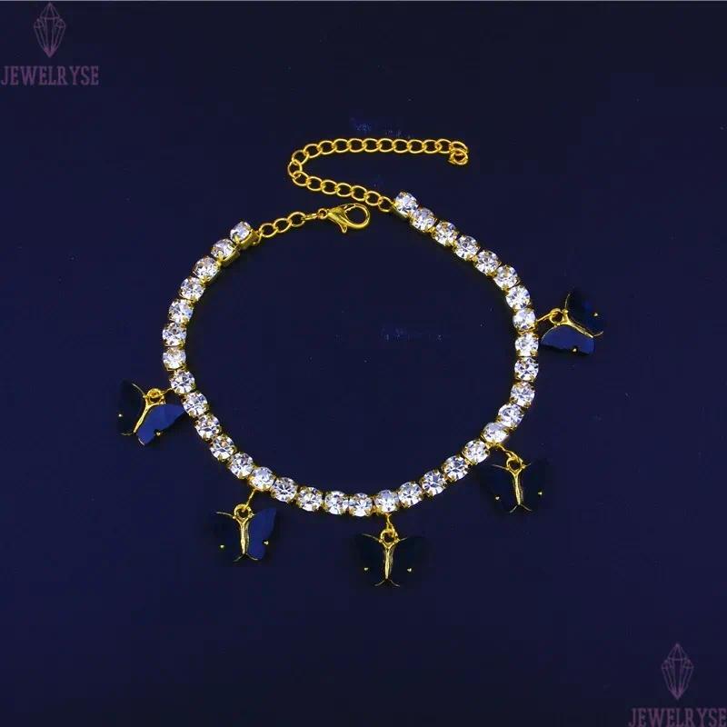 Acrylic Butterfly Women Anklets Iced Out Tennis Chain Leg Bracelet Rhinestone Silver Gold Animal Pendant Charms Fashion Beach Feet Jewelry