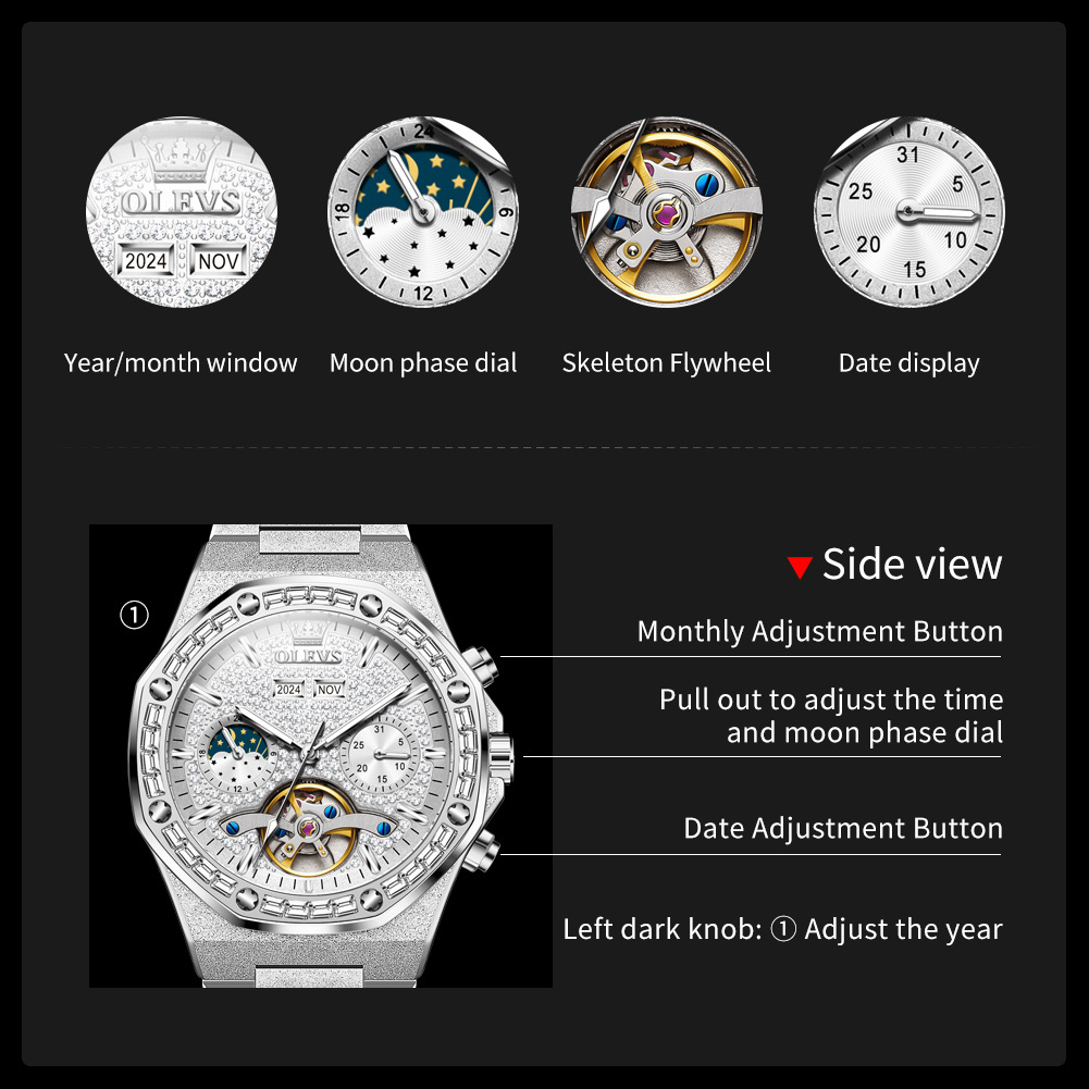 OLEVS Designer Outdoor Men's Business Watch Frosted Steel Band Skeleton Gold Style Mechanical Frame Sports Luxury Multi-functional Mechanical Wat