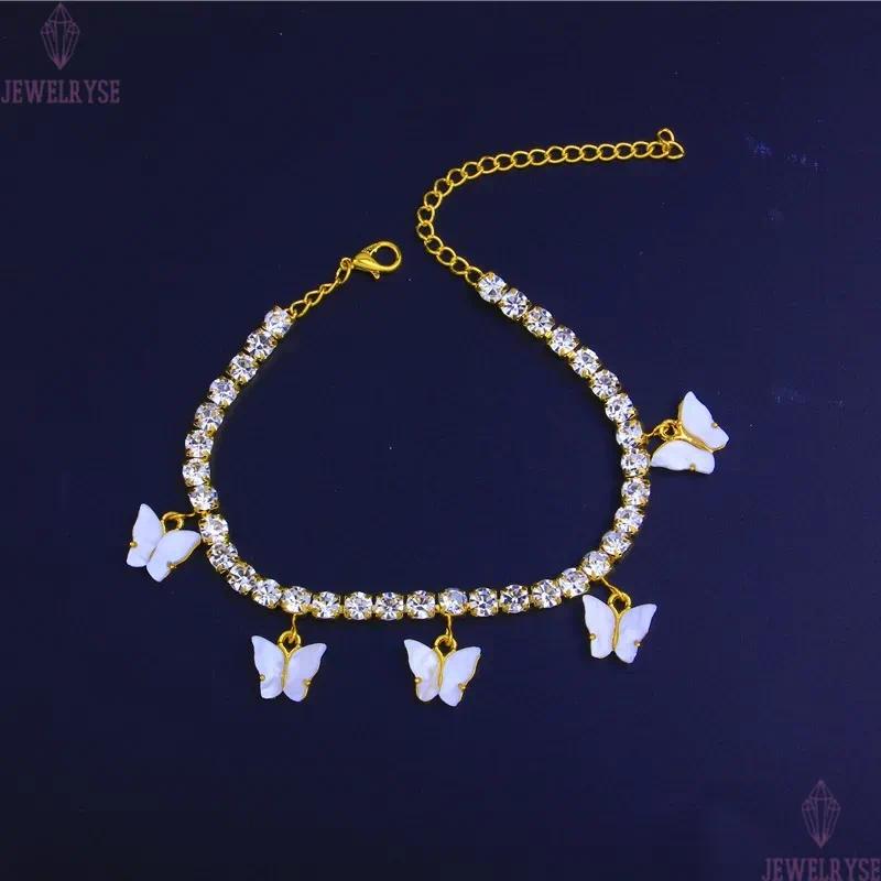 Acrylic Butterfly Women Anklets Iced Out Tennis Chain Leg Bracelet Rhinestone Silver Gold Animal Pendant Charms Fashion Beach Feet Jewelry