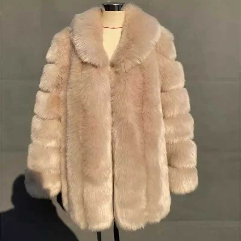 2025 Winter Womens Mid-Length Faux Fox Fur Coat Plush Luxe Warm faux fur Trench Elegant Thermal Outerwear Faux Fur TopsT251201