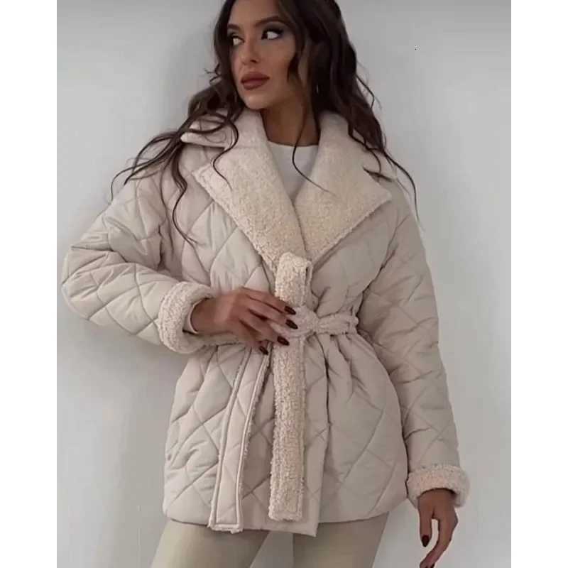 Elegant Quilted Coat With Faux Fur Lining For Women Fashion Lapel Belted Waist Coat Lady 2025 Fall Winter Chic Street OuterwearT251201
