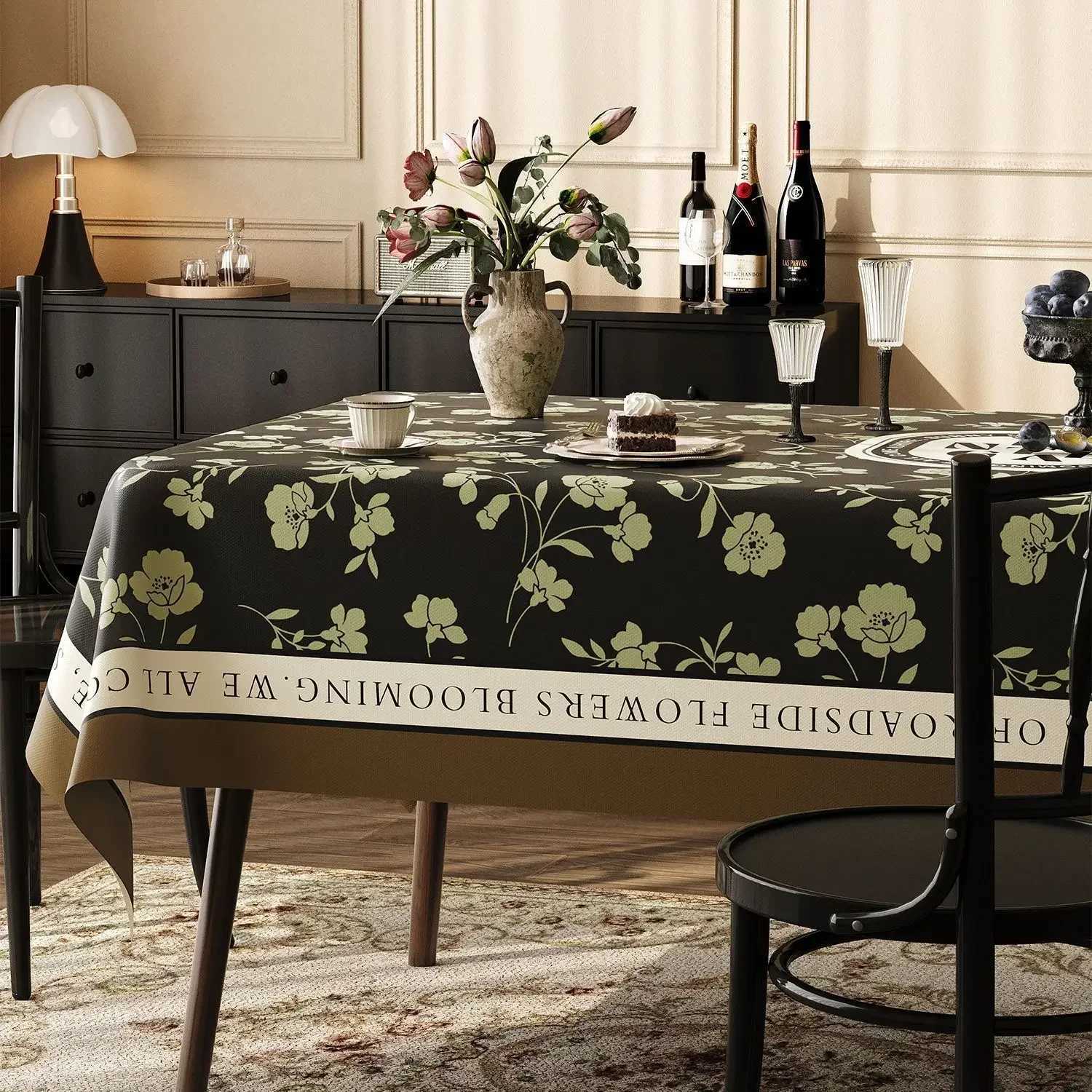 French Black Plant Pattern Tablecloths Green Minimst Lint Decor Dust Cover Premium Rectangular Coffee Table Tablecloth Y251201