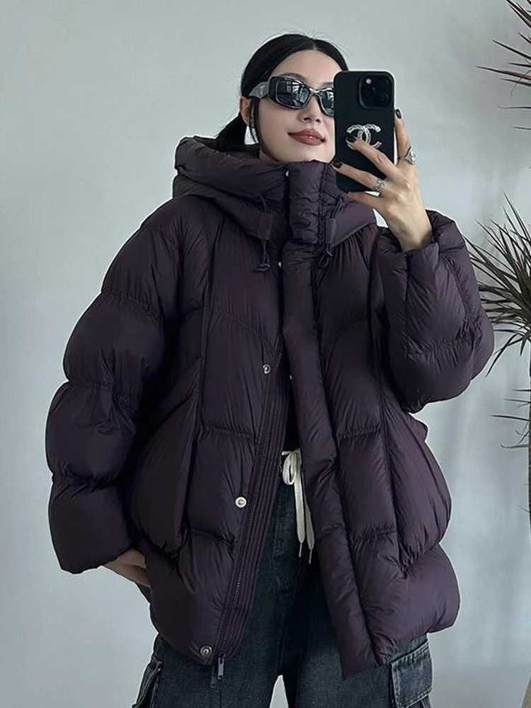 Winter New Puff Down Jacket Female Thickened White Duck Down Warm Coat Women Medium-length Loose Solid Thick Hooded OvercoatT251201